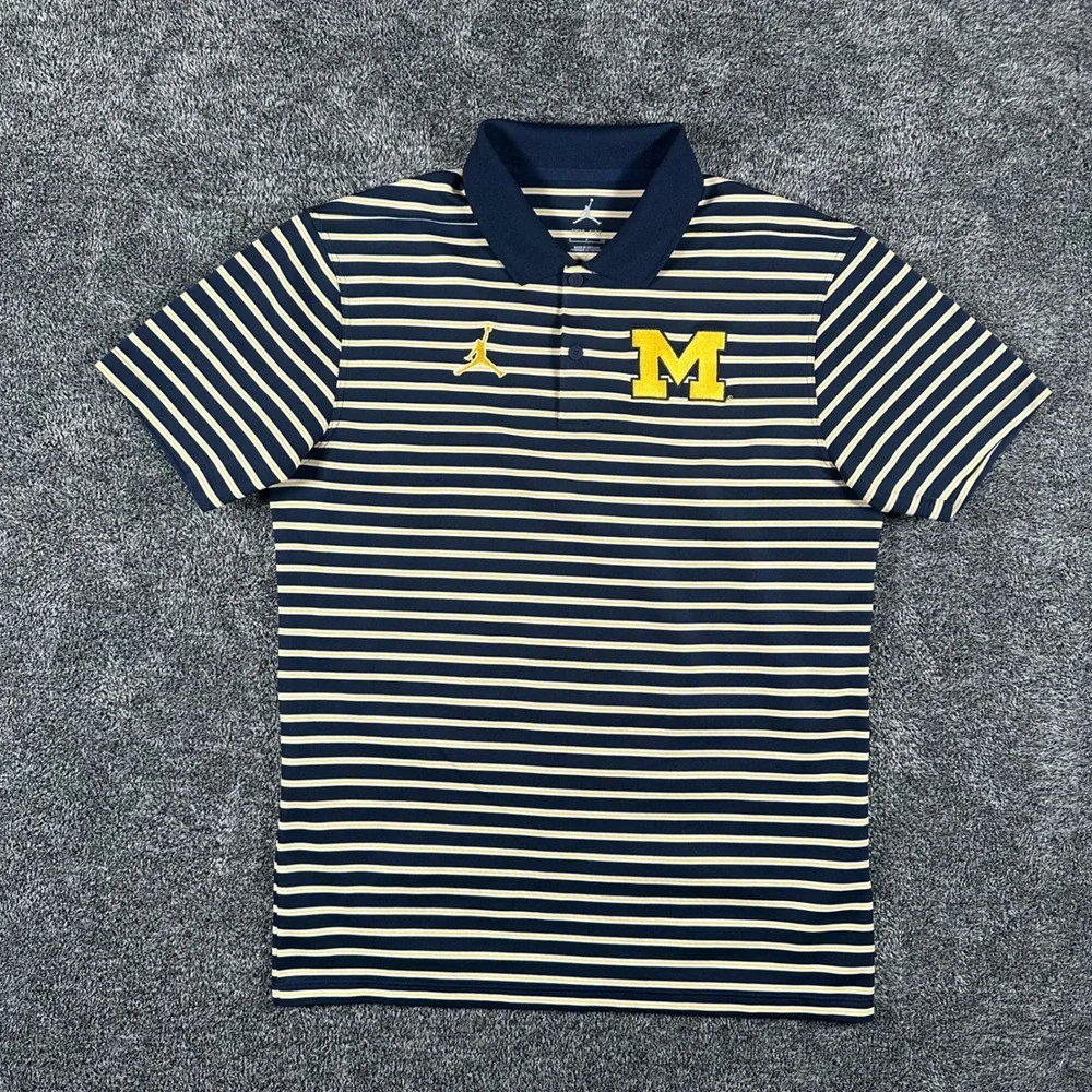 Michigan Wolverines Jordan Polo Shirt Mens S Navy NCAA Football Dri-FIT Striped